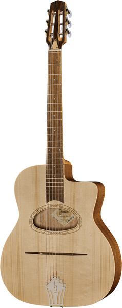 Une guitare acoustique de style jazz manouche, dotée d'un corps en bois clair, d'une rosace ovale, d'un pan coupé et de détails décoratifs uniques au niveau du chevalet et de la rosace.