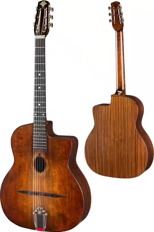 Vues de face et de dos d'une guitare acoustique marron dotée d'un corps à pan coupé, d'une table d'harmonie en bois foncé, d'une rosace décorative et d'un dos en bois rayé, représentée en position verticale.