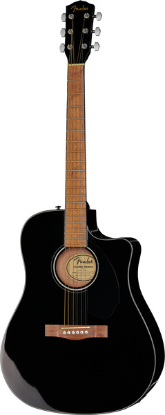 Une guitare folk acoustique noire, dotée d'un corps à pan coupé, de six cordes, de chevilles d'accordage argentées et d'une touche en bois. Le nom de la marque « Fender » est visible sur la tête et à l'intérieur de la rosace.