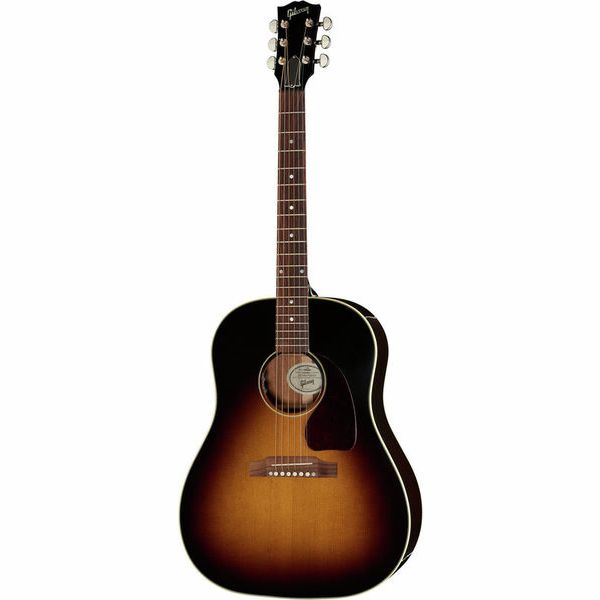 Une guitare folk acoustique avec une finition « sunburst », six cordes, un corps arrondi et un dégradé allant du foncé au clair sur la table d'harmonie. La tête de guitare arbore le logo Gibson en blanc.