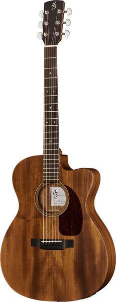 Une guitare folk acoustique, avec une finition en bois naturel, six cordes et un corps à pan coupé, est posée debout sur un fond blanc.
