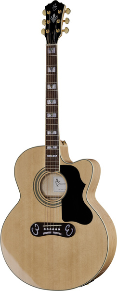 Une guitare folk au fini naturel, avec un corps à pan coupé, des incrustations décoratives sur la touche, des chevilles d'accordage dorées et une plaque de protection noire, se détache sur un fond blanc.