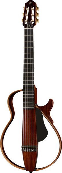 Une guitare acoustique moderne et minimaliste, silencieuse, dotée d'un corps en bois creux en forme de cadre, de six cordes et de chevilles d'accordage dorées. Son design met en valeur le manche et le chevalet tout en supprimant le corps traditionnel de la guitare, pour un look épuré et contemporain.