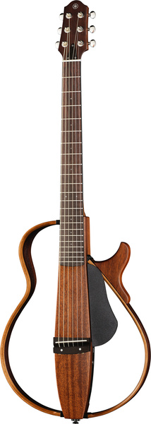 Une guitare silencieuse moderne et minimaliste, dotée d'une structure creuse et ouverte et d'une finition en bois, équipée de six chevilles d'accordage et d'un pickguard noir.